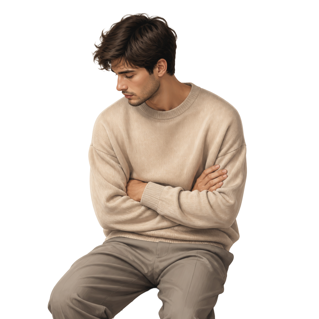 Young man sitting quietly with arms folded, looking down thoughtfully